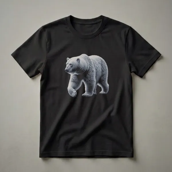 A detailed, monochromatic drawing of a polar bear walking from left to right, depicted on a black t-shirt.