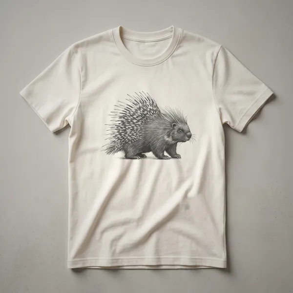 A black and white line drawing of a porcupine facing right, with detailed quills, on a dark garment.