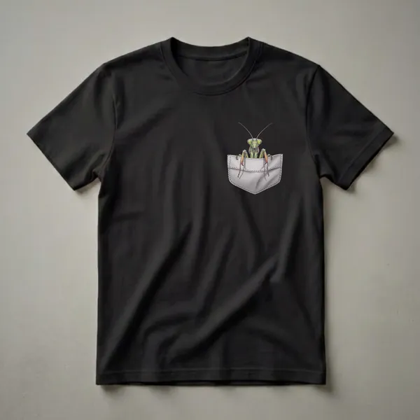 Black t-shirt with a detailed drawing of a green praying mantis peeking out of a grey stitched pocket.