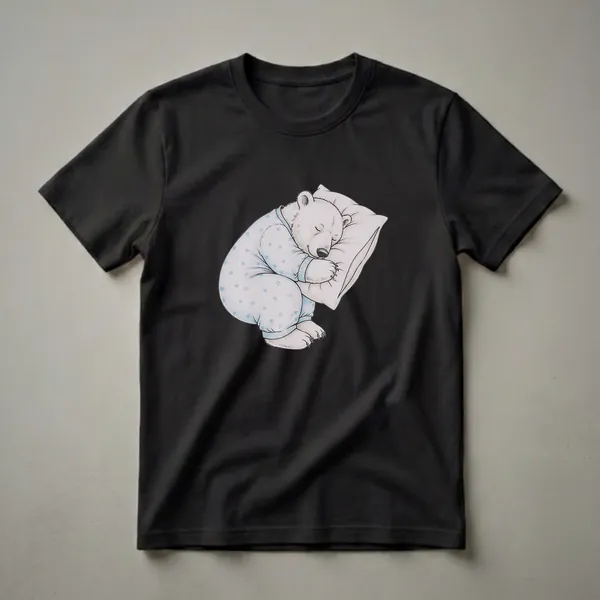 White polar bear wearing light blue star-patterned pajamas, sleeping peacefully on a light-colored pillow, depicted in a hand-drawn art style.