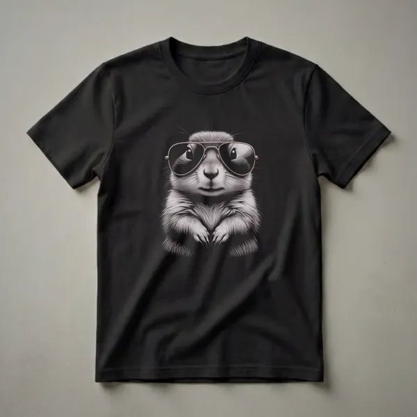Black t-shirt featuring a detailed pencil drawing of a prairie dog wearing aviator sunglasses against a black background.