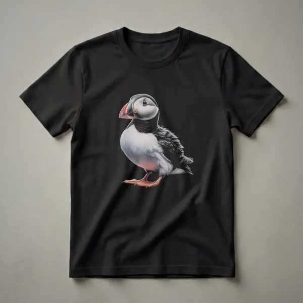 Black t-shirt featuring a detailed, realistic drawing of an Atlantic Puffin with its distinctive colorful beak and black and white plumage, set against a black background.