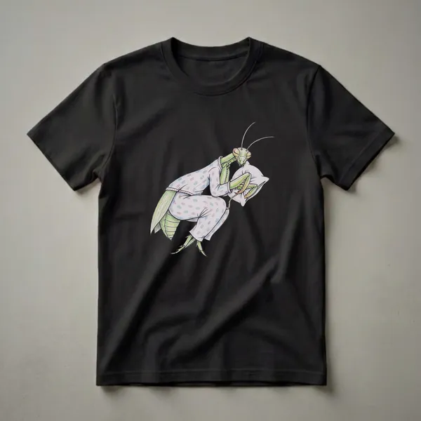 A green praying mantis wearing white pajamas with blue and pink polka dots, sleeping on a white pillow, rendered in a colored pencil drawing style.