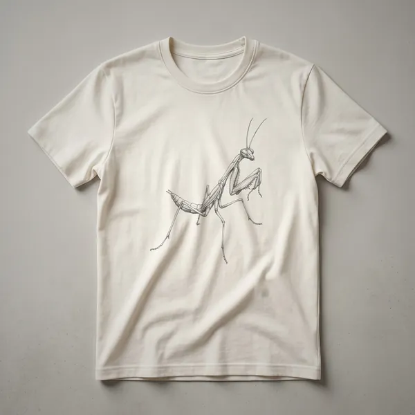 A black and white line drawing of a praying mantis, depicted in a vintage art style, on a t-shirt.
