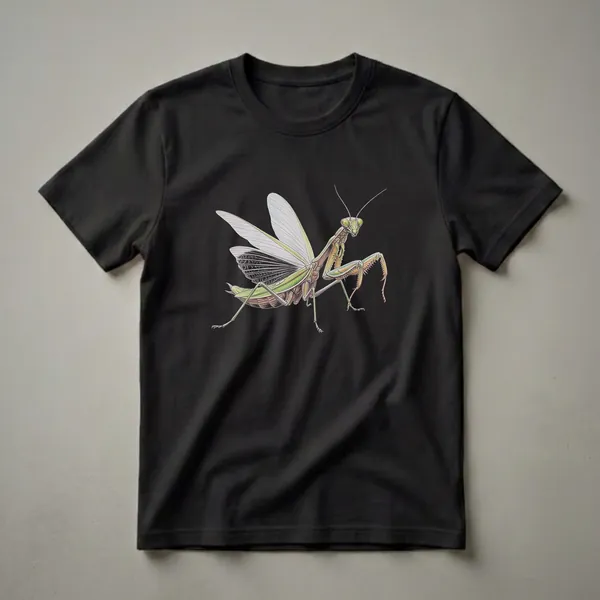 A vintage-style drawing of a green and brown praying mantis with its wings spread, depicted on a black t-shirt.