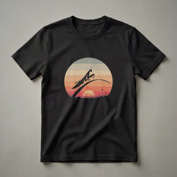 Black silhouette of a praying mantis on a blade of grass against a vintage sunset with horizontal stripes, on a t-shirt.