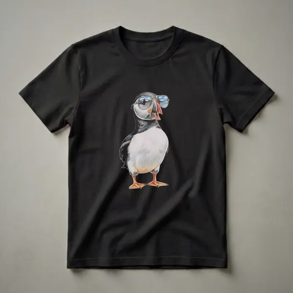 Black t-shirt featuring a detailed drawing of an Atlantic Puffin wearing silver aviator sunglasses, with reflections of the sky and sea in the lenses.