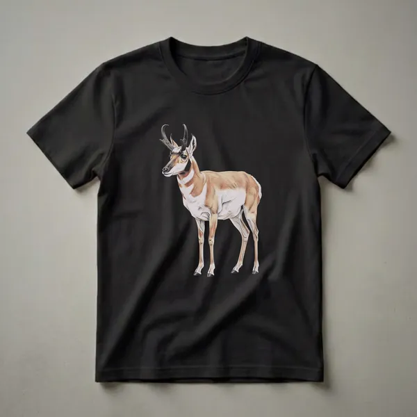 A detailed drawing of a pronghorn antelope with tan and white fur, black horns, and alert ears, standing against a black background. The shirt is black.