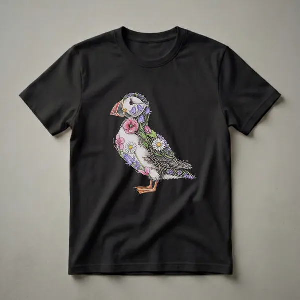 A white and grey puffin t-shirt design featuring a detailed illustration of the bird adorned with pink flowers, bluebells, lavender, and branches.