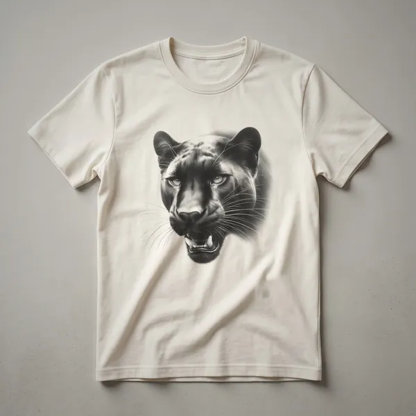 Black and white line drawing of a panther's head with its mouth slightly open, showcasing sharp teeth and whiskers, against a solid black background.