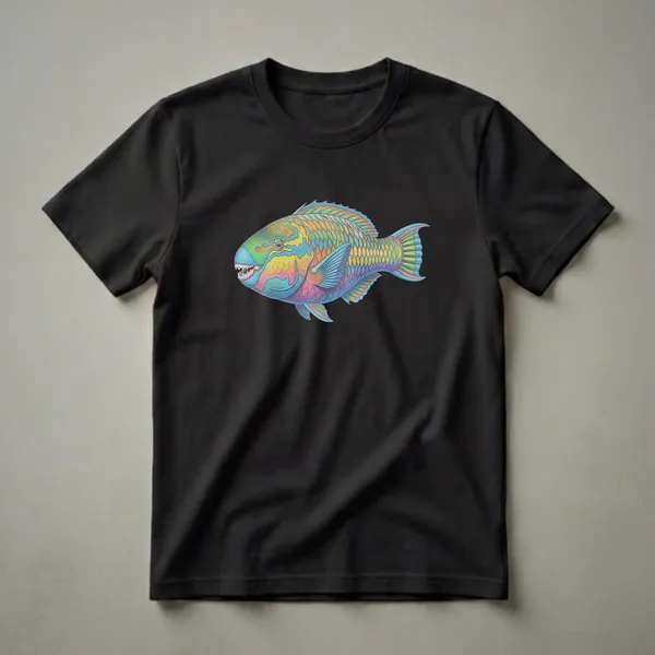 A white t-shirt featuring a colorful drawing of a parrotfish with rainbow scales and visible teeth, set against a black background.
