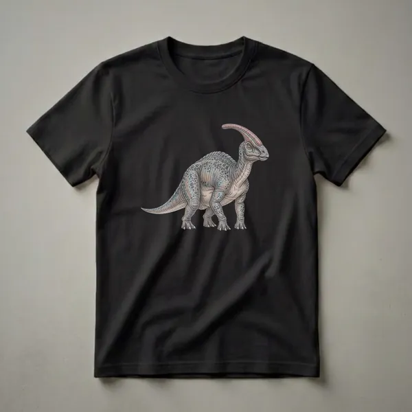 A vintage-style drawing of a Parasaurolophus dinosaur in shades of blue, gray, and pink, depicted on a black background.