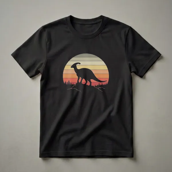 Black silhouette of a Parasaurolophus dinosaur standing on a rock formation against a striped sunset with pine trees on the horizon.