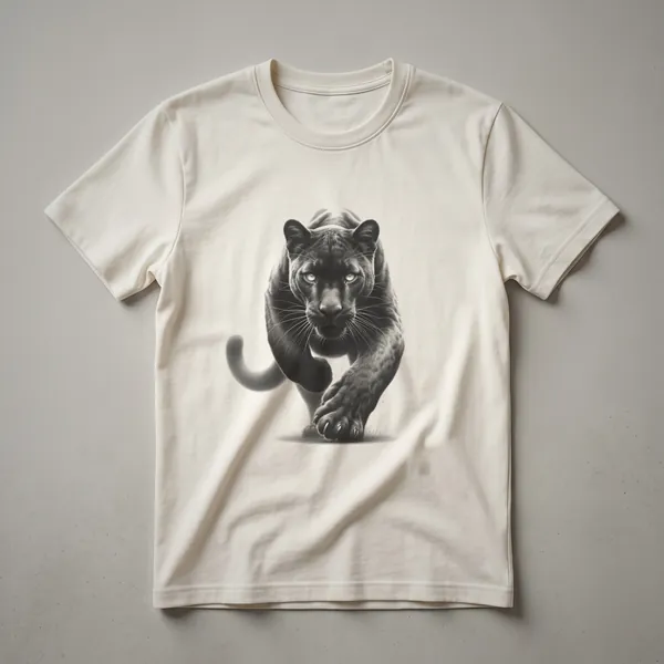 Black and white sketch of a panther walking forward, with detailed linework showing its face, paws, and tail, on a dark background.