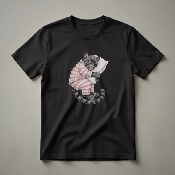 Black panther wearing red and blue striped pajamas, sleeping soundly on a white pillow, depicted in a detailed drawing art style on a t-shirt.