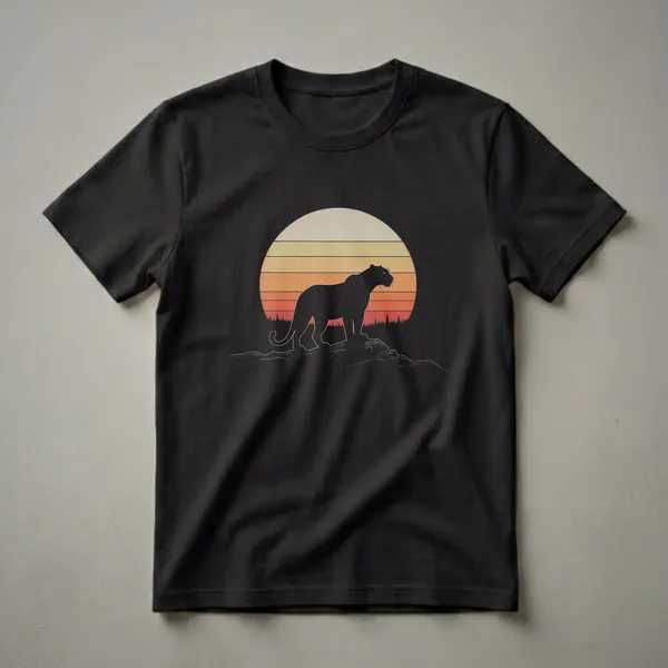 Black panther silhouette standing on rocks against a retro sunset with orange and yellow stripes and a pine tree forest silhouette, on a black t-shirt.