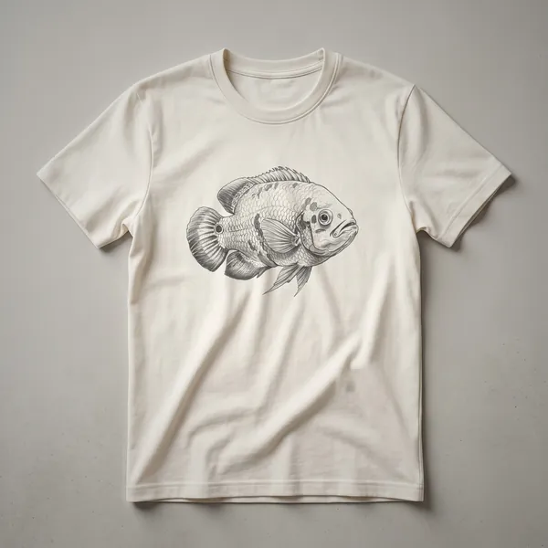 Black line drawing of an Oscar fish on a dark background, showcasing its fins, scales, and facial features.