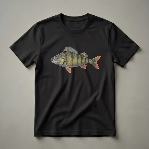 Black t-shirt featuring a detailed, realistic drawing of a European Perch fish with green and yellow stripes and orange fins.
