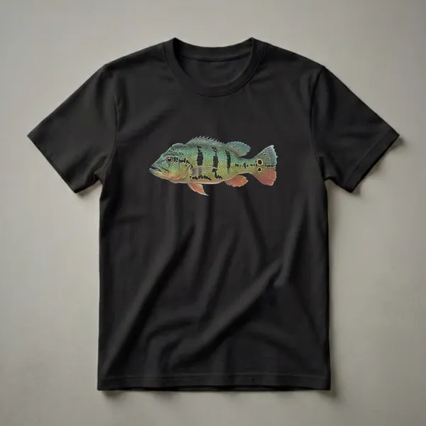 A detailed illustration of a green and black peacock bass fish with orange fins, depicted on a black t-shirt.