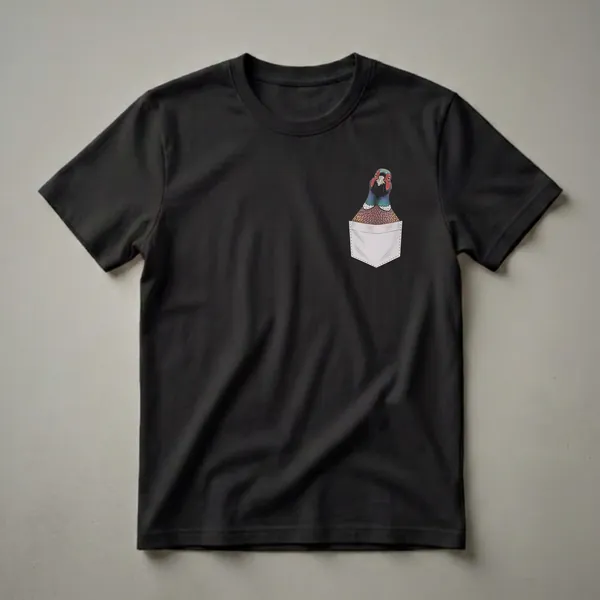 Black t-shirt with a detailed drawing of a pheasant's head peeking out of a sketched white pocket on the upper right side.