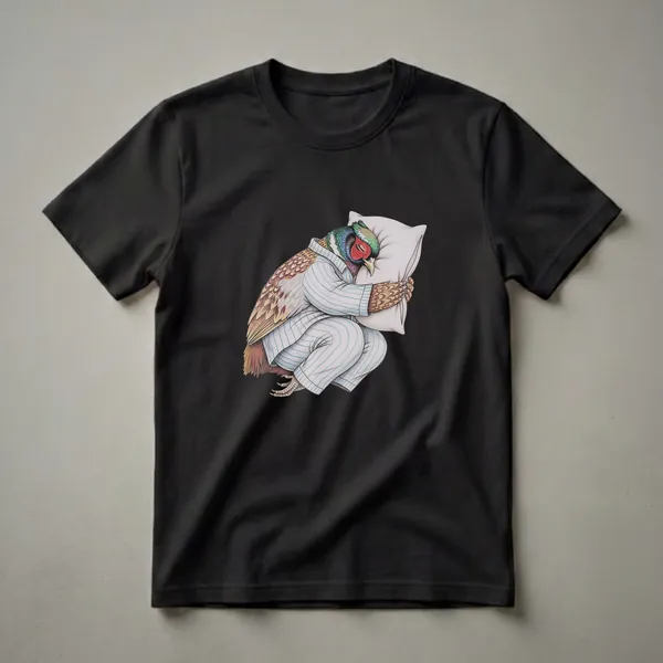 A graphic t-shirt featuring a detailed drawing of a pheasant wearing blue and white striped pajamas, sleeping soundly while hugging a white pillow against a black background.