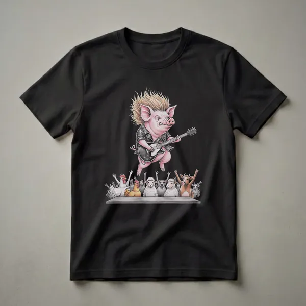 Black t-shirt featuring a drawing of a pig with a punk rock hairstyle and leather jacket playing an electric guitar, with a crowd of chickens, sheep, and a cow cheering below.