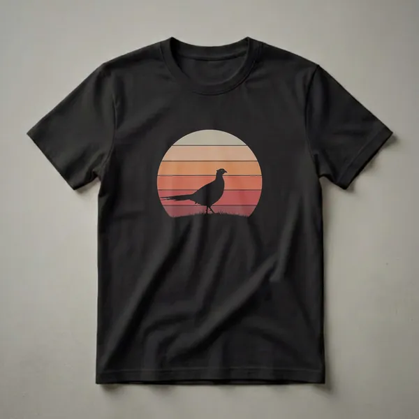 Black silhouette of a pheasant standing on grass against a circular, horizontally striped sunset in muted tones of beige, orange, and red.