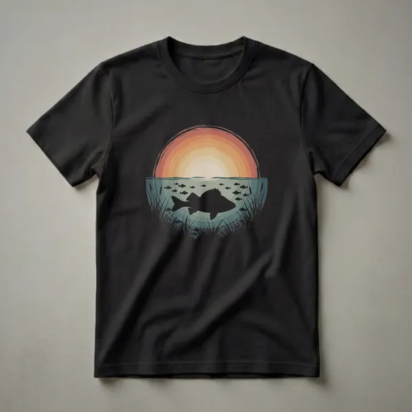 Black silhouette of a perch fish swimming in water with reeds and a colorful sunset in the background, on a black t-shirt.
