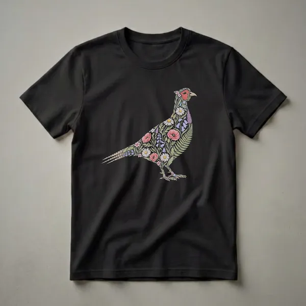 Black t-shirt with a ring-necked pheasant in profile whose body is composed of layered colorful flowers including red poppies, white daisies, and purple bluebells with green ferns.