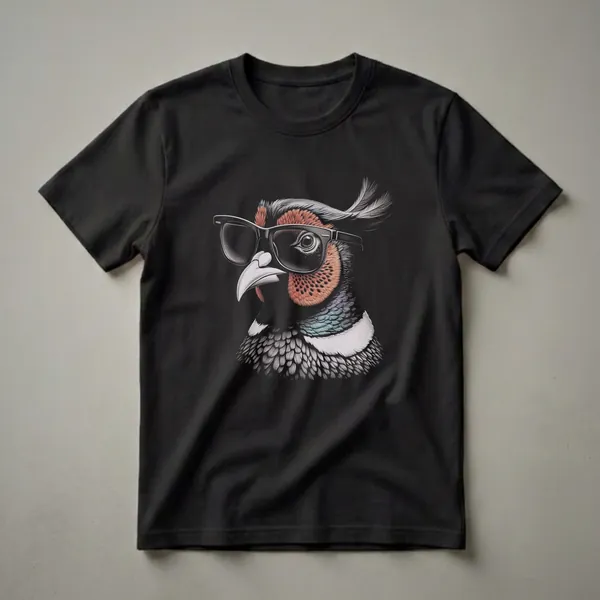 Black t-shirt featuring a detailed vintage drawing of a pheasant's head wearing black sunglasses, set against a black background.