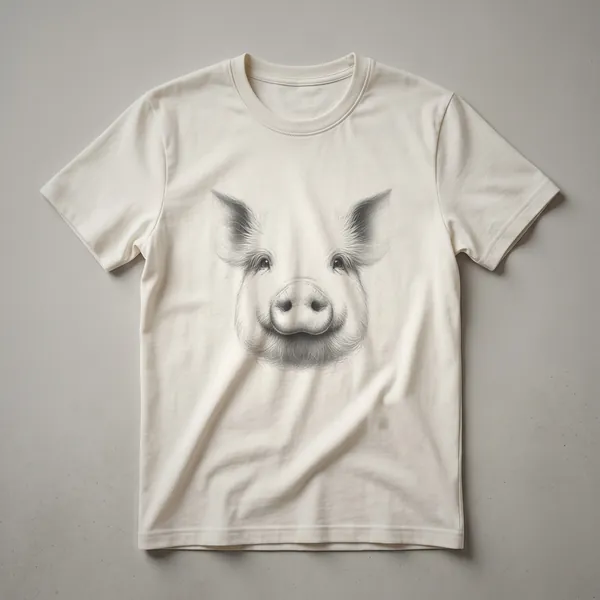 Black and white vintage line drawing of a pig's face, centered on a t-shirt, showing the snout and eyes with fine detail.