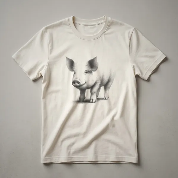 Black t-shirt with a white line drawing of a pig in a vintage sketch style, facing slightly to the left.