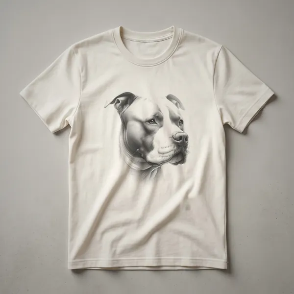 Black line art drawing of a pitbull dog's head in profile on a black t-shirt, showcasing vintage artistic detail.