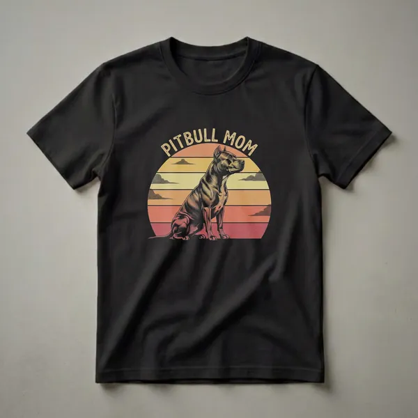 Black t-shirt featuring a vintage sunset graphic with a Pitbull dog and the text 'PITBULL MOM'.
