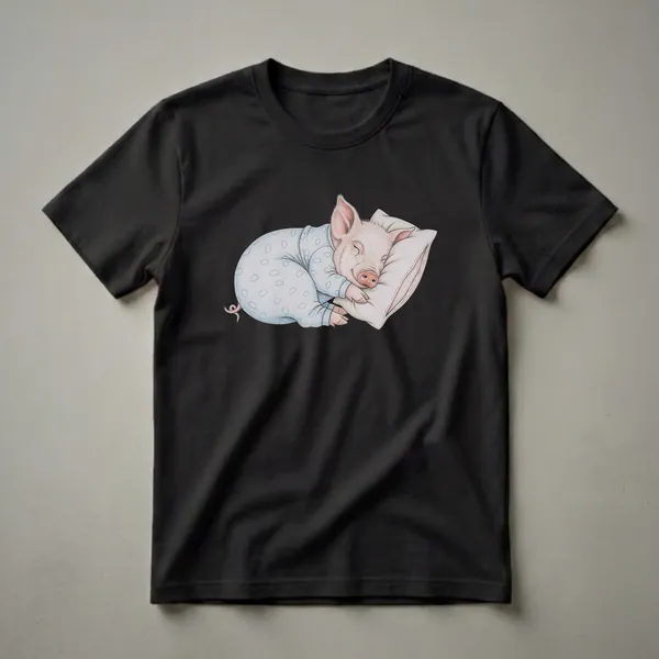 Light blue t-shirt featuring a drawing of a pink piglet sleeping peacefully on a white pillow, wearing blue pajamas with white clouds.