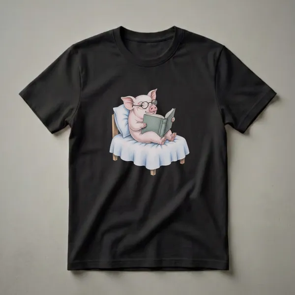 A graphic t-shirt featuring a hand-drawn illustration of a pink pig wearing round glasses and reading a book while sitting in a bed with a blue blanket and pillow.