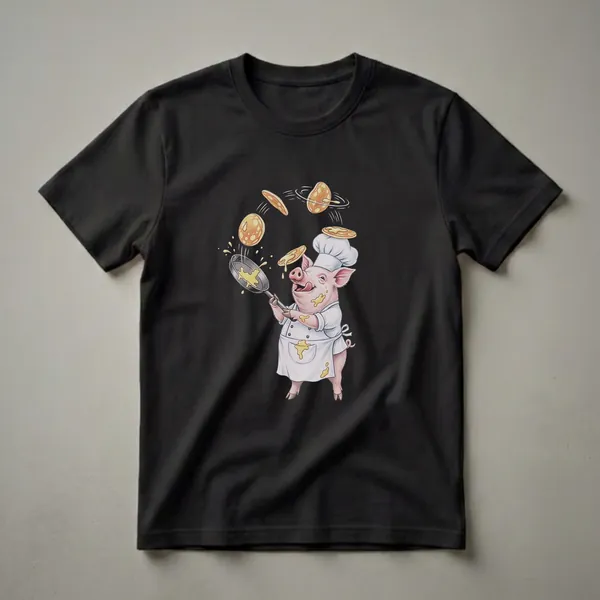 White t-shirt featuring a cartoon pig wearing a chef's hat and uniform, joyfully flipping pancakes in a frying pan with batter splattering.