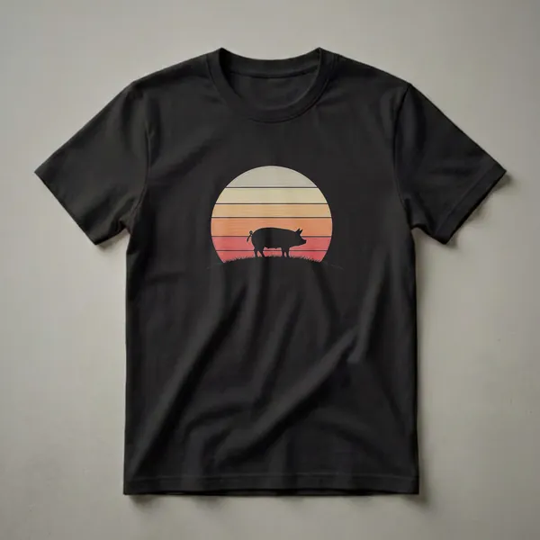 Black silhouette of a pig standing on a grassy hill against a vintage sunset with horizontal stripes of red, orange, yellow, and grey.