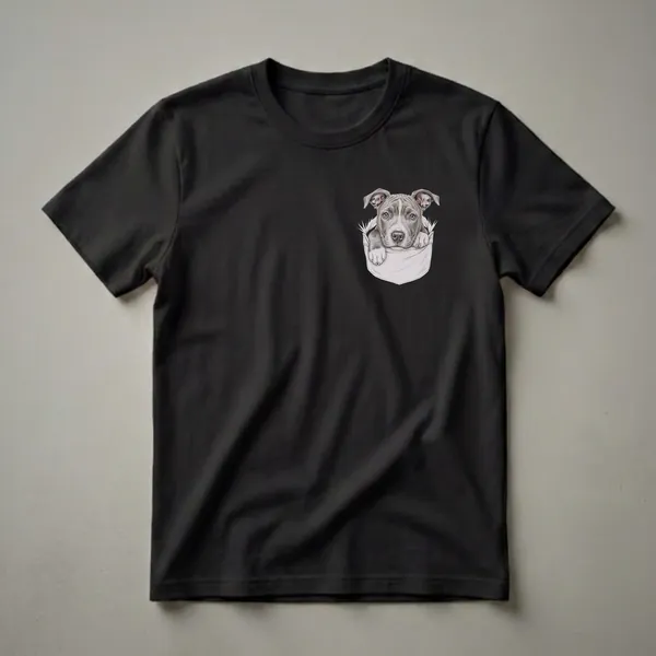 Black t-shirt featuring a detailed drawing of a grey and white pitbull puppy peeking out of a light grey shirt pocket, with its paws resting on the pocket edge.