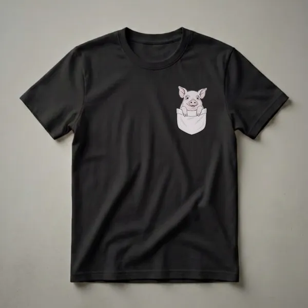 A graphic t-shirt featuring a hand-drawn illustration of a cute pink piglet peeking out of a light purple pocket with stitched details.