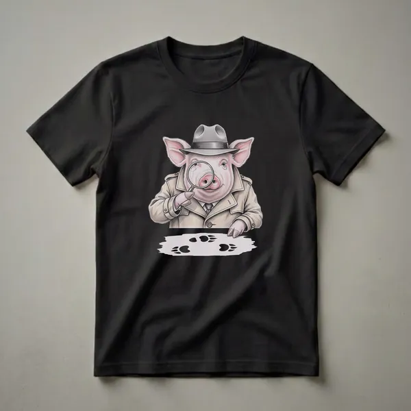 A pig wearing a detective hat and trench coat holds a magnifying glass over paw prints, depicted in a colored pencil drawing style on a black background.