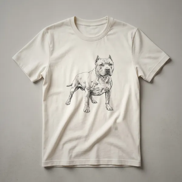 Black t-shirt featuring a vintage line drawing sketch of a pitbull dog standing in profile, showcasing its muscular physique and alert expression.