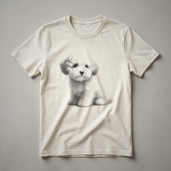Black graphic t-shirt with a vintage line drawing of a Poochon dog, featuring large eyes and floppy ears.