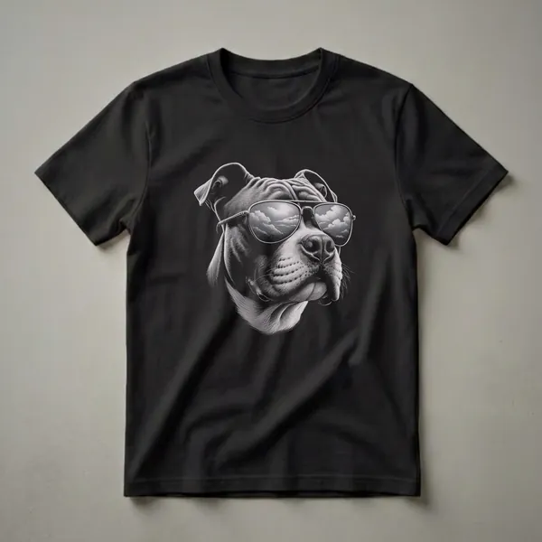 Black and white drawing of a Pitbull dog wearing aviator sunglasses, with a cloudy sky reflected in the lenses, on a black t-shirt.