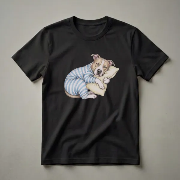 White and tan pitbull puppy wearing blue and white striped pajamas, sleeping soundly on a yellow pillow, depicted in a colored pencil drawing style.