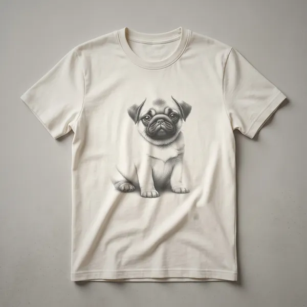A black t-shirt featuring a vintage line drawing of a pug sitting down, with detailed shading and linework.