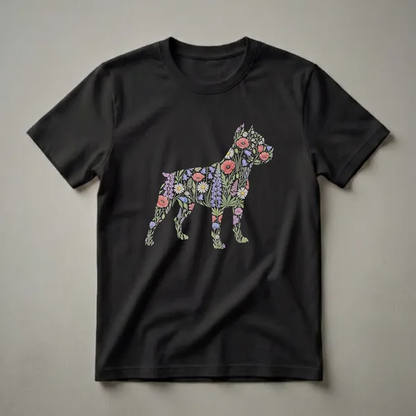 Black t-shirt featuring a Pitbull silhouette filled with colorful watercolor flowers like poppies, daisies, and lupine.