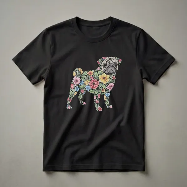 Black t-shirt featuring a pug illustration composed entirely of colorful flowers and green leaves, set against a black background.