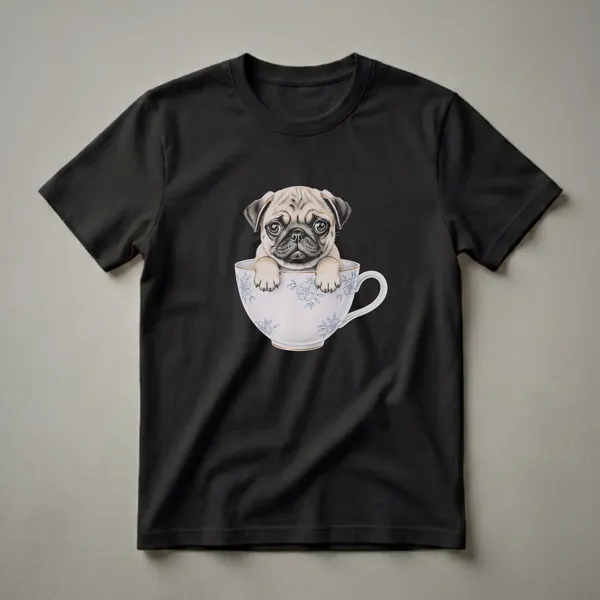 A graphic t-shirt featuring a cute fawn pug puppy with big eyes peeking out of a white teacup decorated with blue floral patterns and a gold rim.