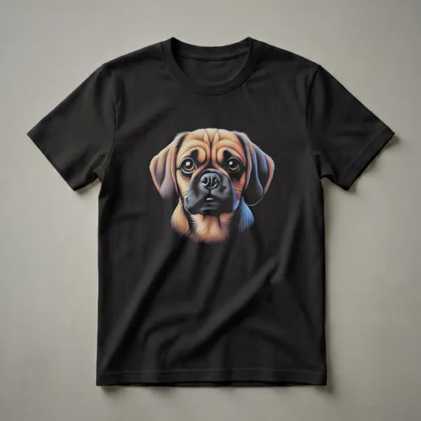 Black t-shirt featuring a detailed, vintage-style drawing of a Puggle dog's face with warm brown and orange fur tones against a black background.